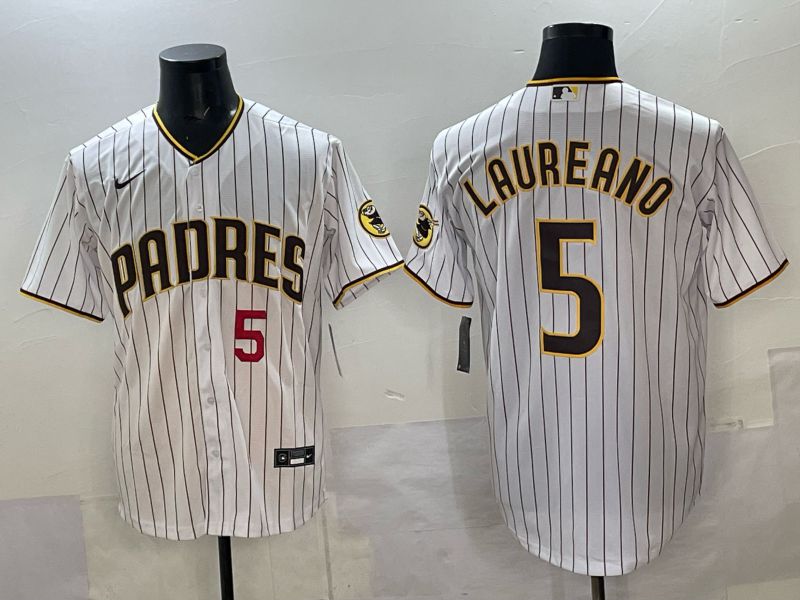 Men San Diego Padres 5 Laureano White Stripe Nike 2025 MLB Jersey 01